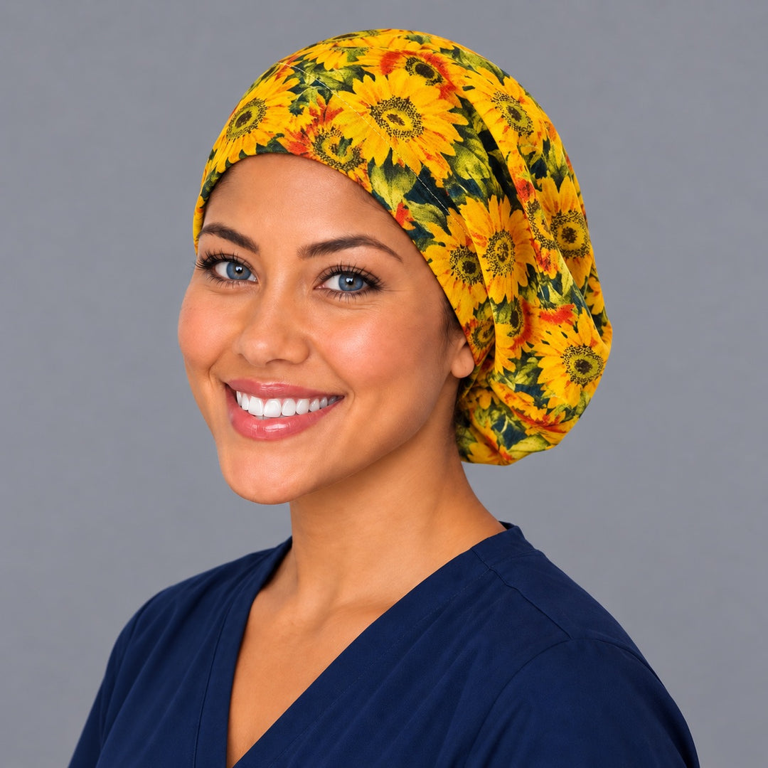 Sunflower bloom Euro surgical cap, left angled view — elastic adjustable back that secures long or thick hair