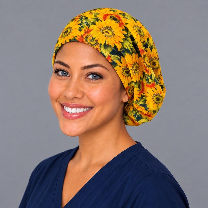Sunflower bloom Euro surgical cap, left angled view — elastic adjustable back that secures long or thick hair