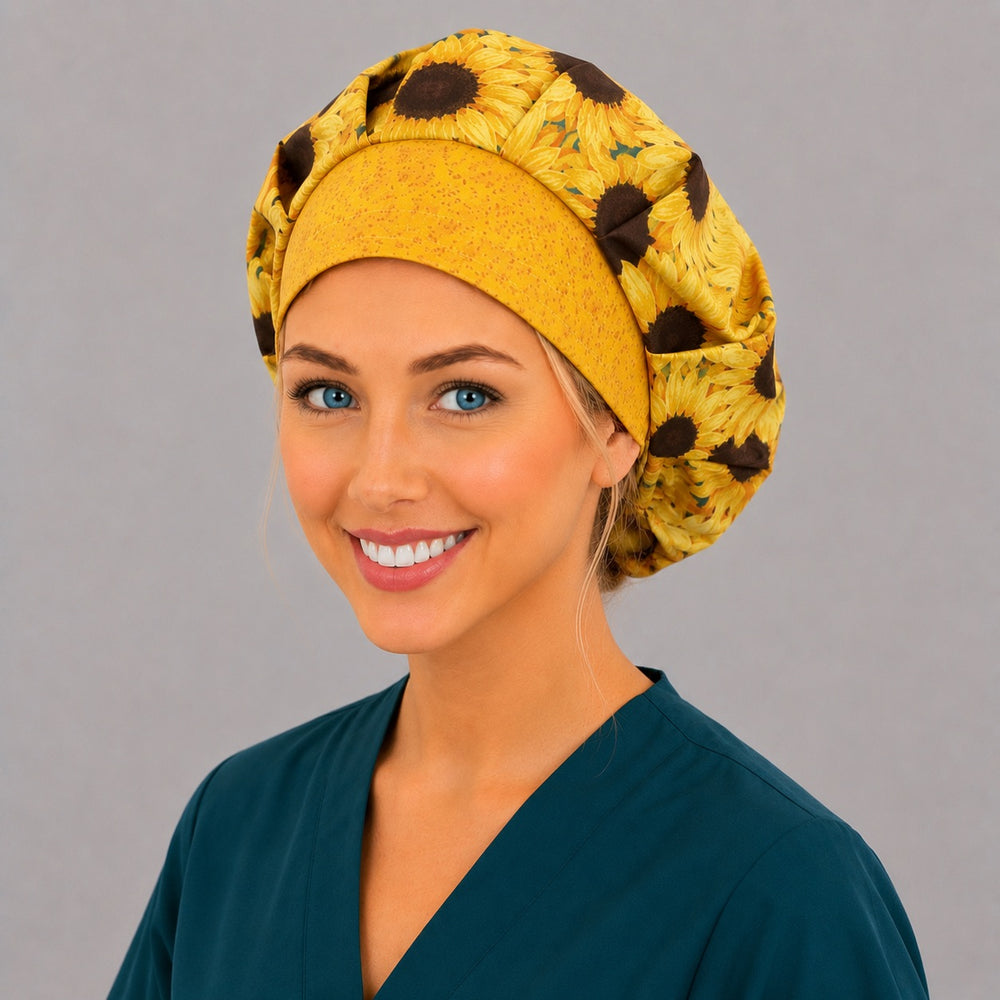 Sunflower bouffant scrub cap back view showing full golden sunflower print, OR World fall floral surgical hat