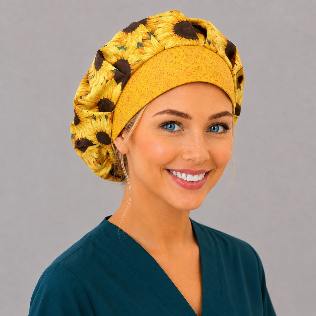 Sunflower bouffant scrub cap left side profile showing golden sunflowers and speckled yellow front band, women's fall floral surgical hat OR World