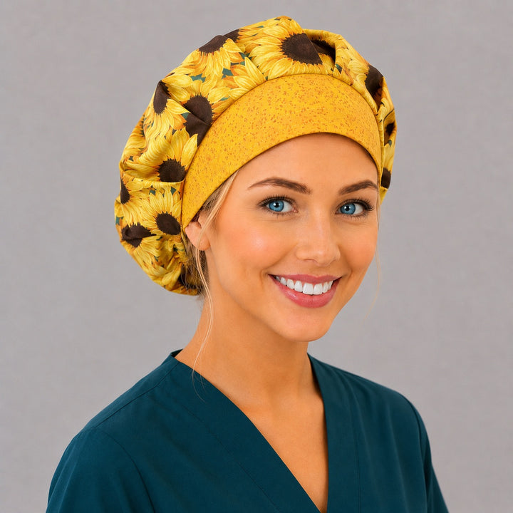 Sunflower bouffant scrub cap left side profile showing golden sunflowers and speckled yellow front band, women&