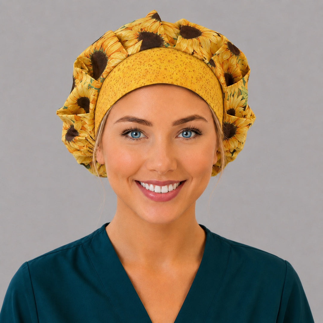 Sunflower bouffant surgical cap right side profile showing golden sunflowers and speckled yellow front band, OR World fall nurse hat