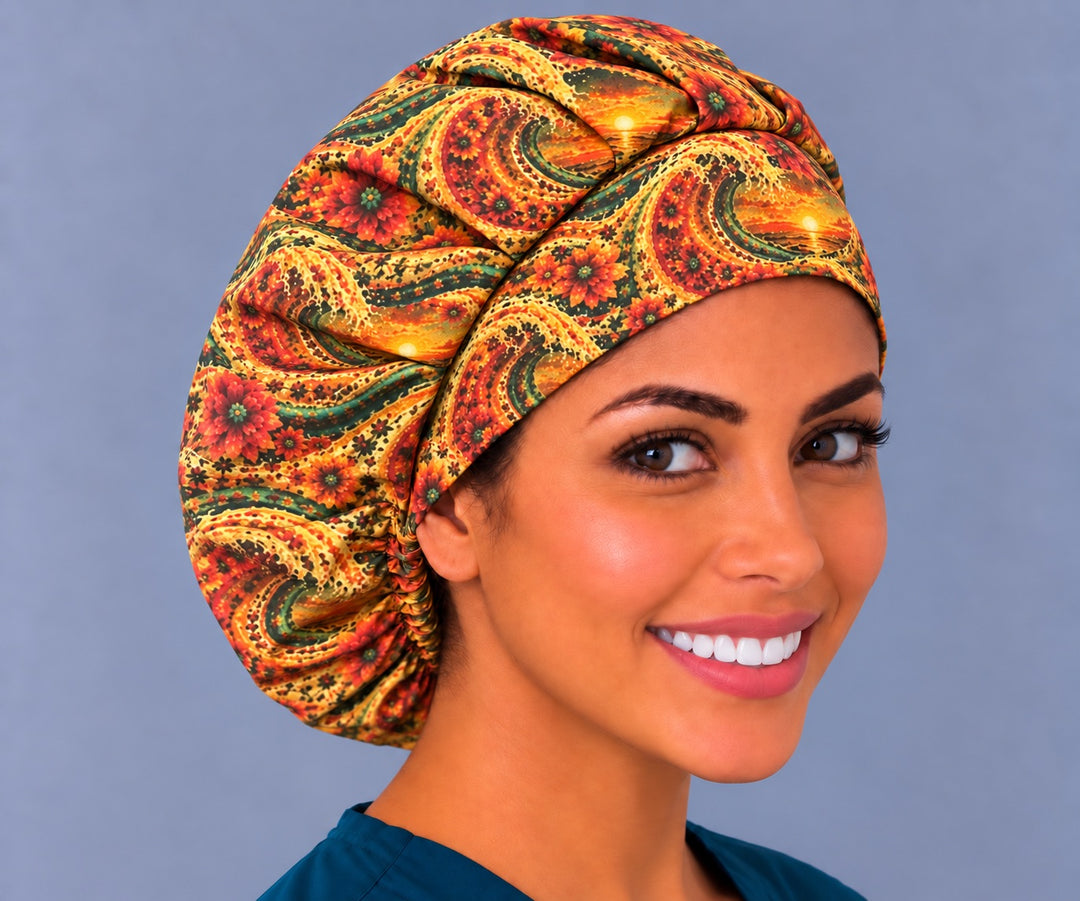 Sunset wave bouffant scrub cap, right angled smiling view — marigold dahlia print for OR nurses and surgical techs