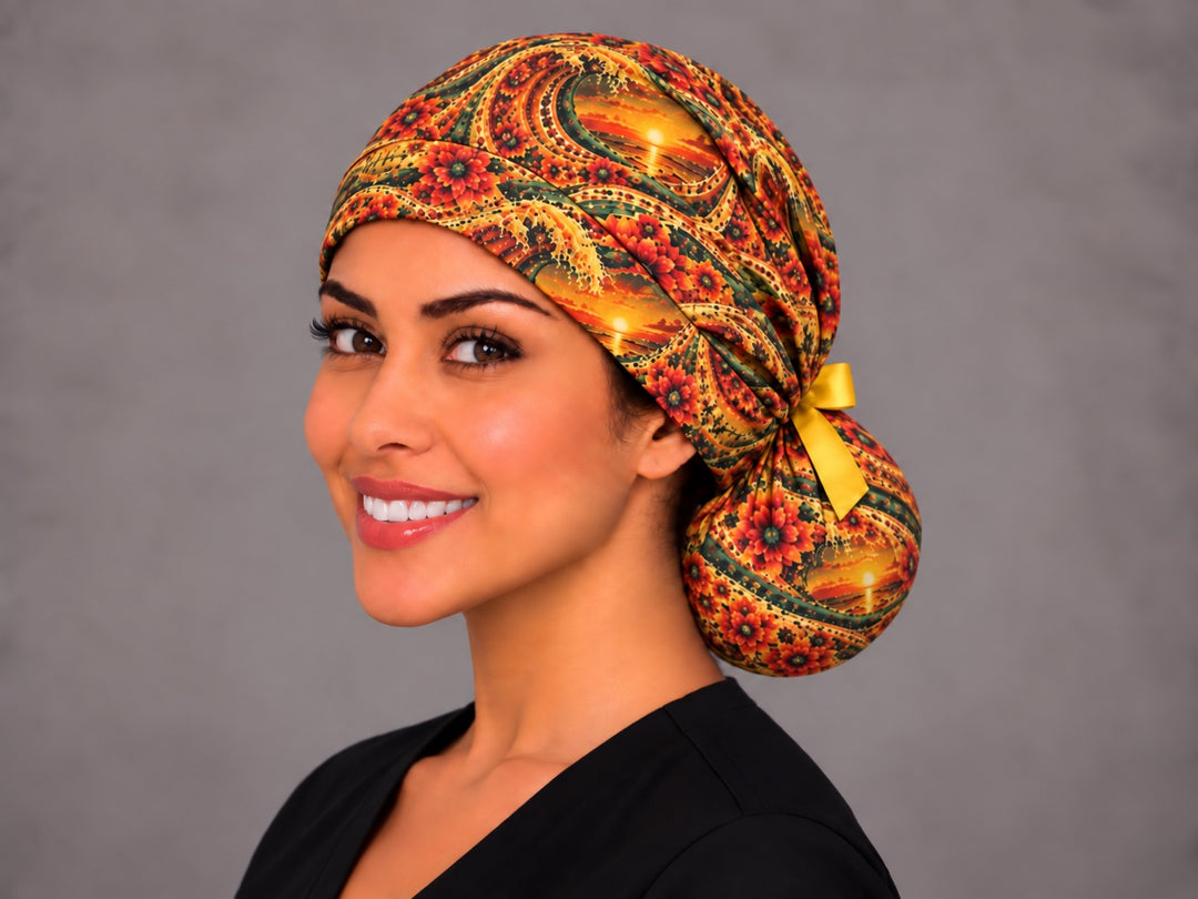 Sunset wave ponytail cap, left angled smiling view — emerald and gold paisley waves with a gold ribbon tie