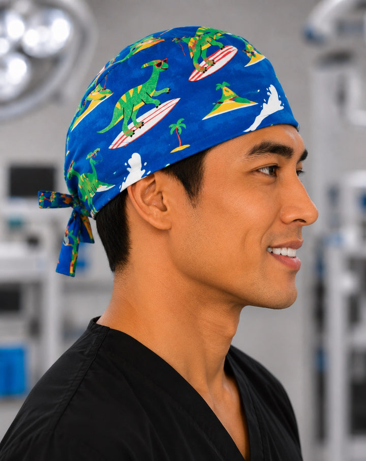 Right profile of surfing dinosaur summer beach men&