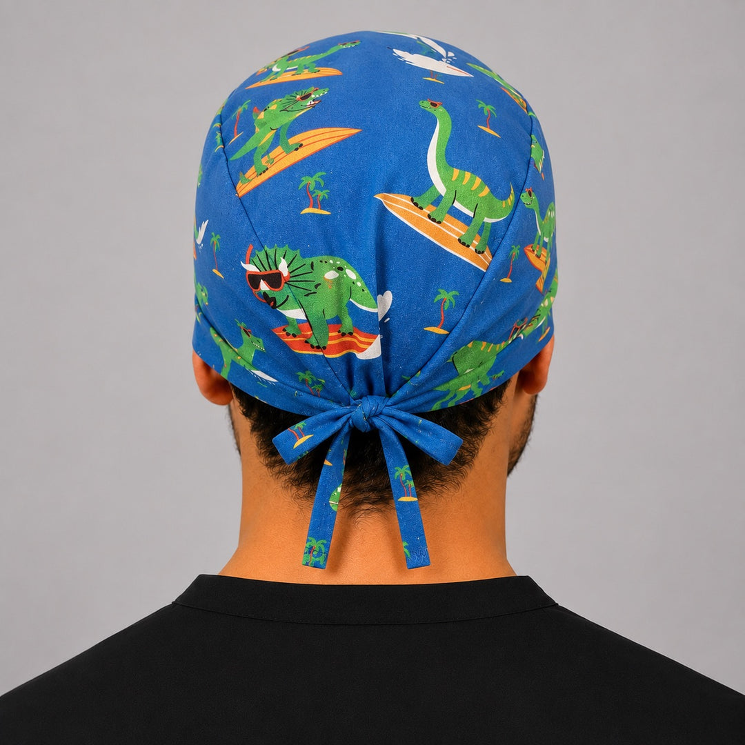 Three-quarter view of surfing dinosaur tropical men&