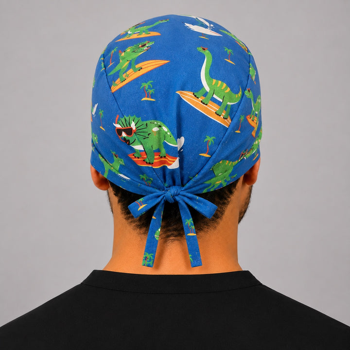 Three-quarter view of surfing dinosaur tropical men&