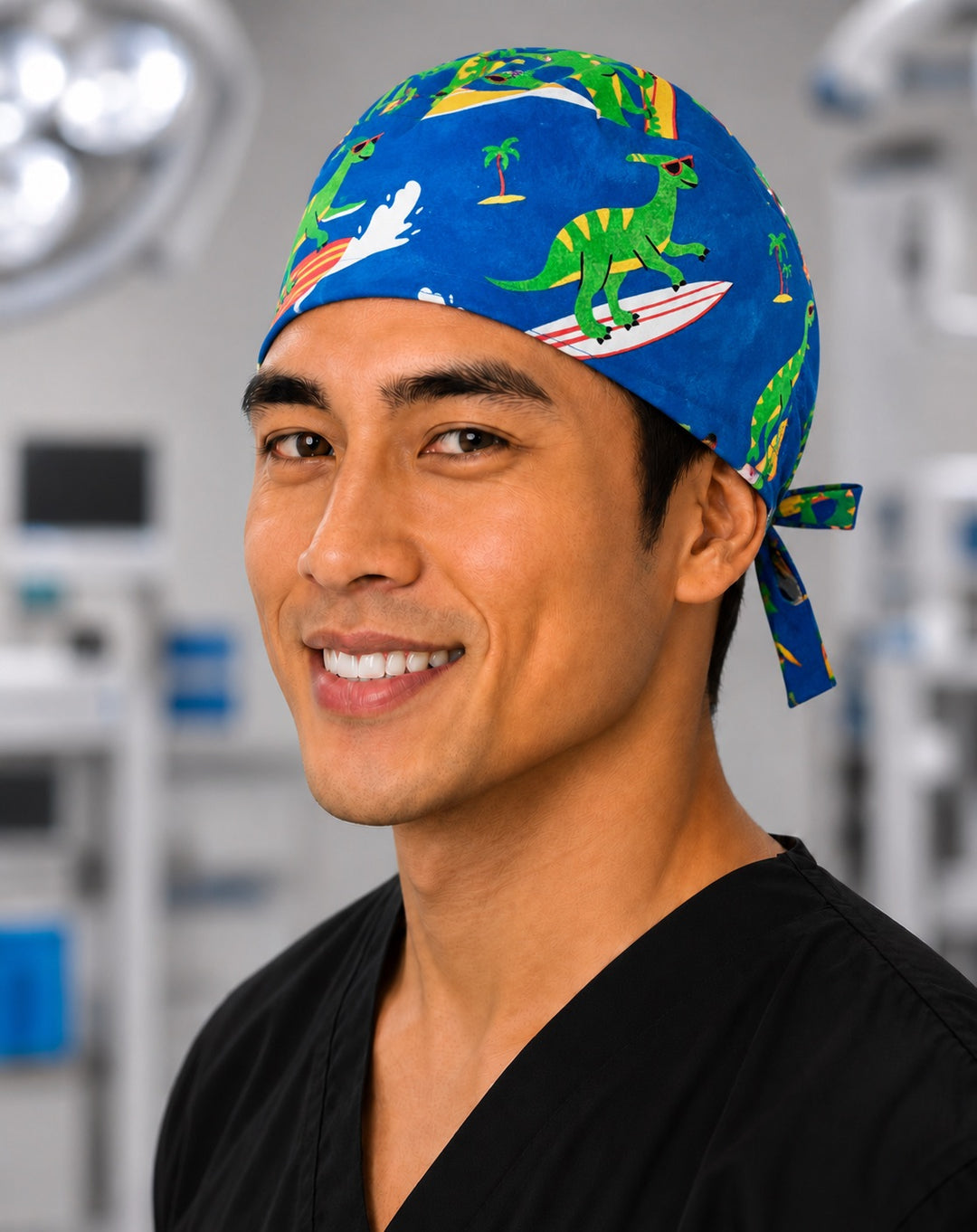 Back view of adjustable tie-back knot on surfing dinosaur beach tropical scrub cap surgical hat for men