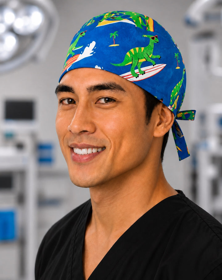 Back view of adjustable tie-back knot on surfing dinosaur beach tropical scrub cap surgical hat for men