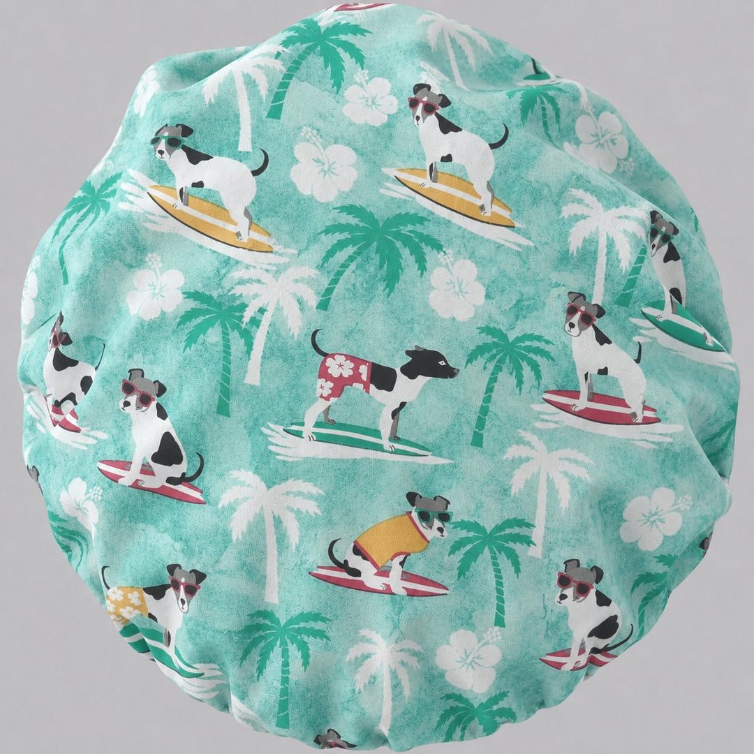 Right side profile of the surfing dogs bouffant surgical hat — pups in sunglasses and hibiscus shirts, roomy breathable cotton cap for nurses