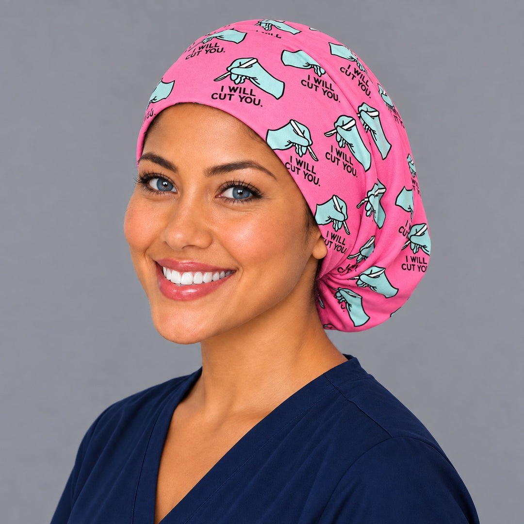 Surgery humor Euro scrub cap, right angled smiling view — gloved hand scalpel print for surgeons and scrub techs