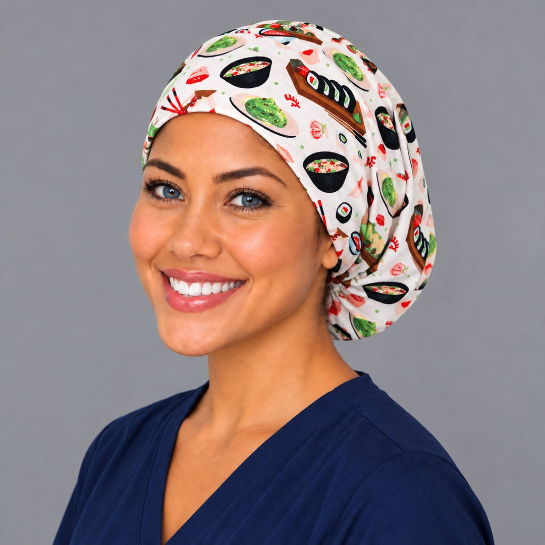 Sushi Night Euro scrub cap, right angled smiling view — nigiri and chopstick print for OR nurses and surgical techs