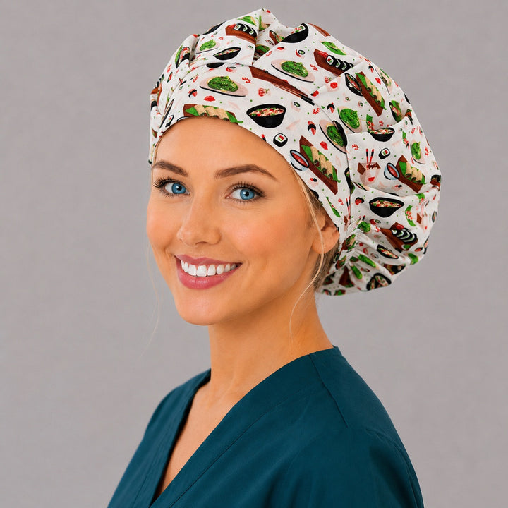 Sushi print bouffant surgical cap for long hair, left angled view — deep gathered fit that secures thick or braided hair