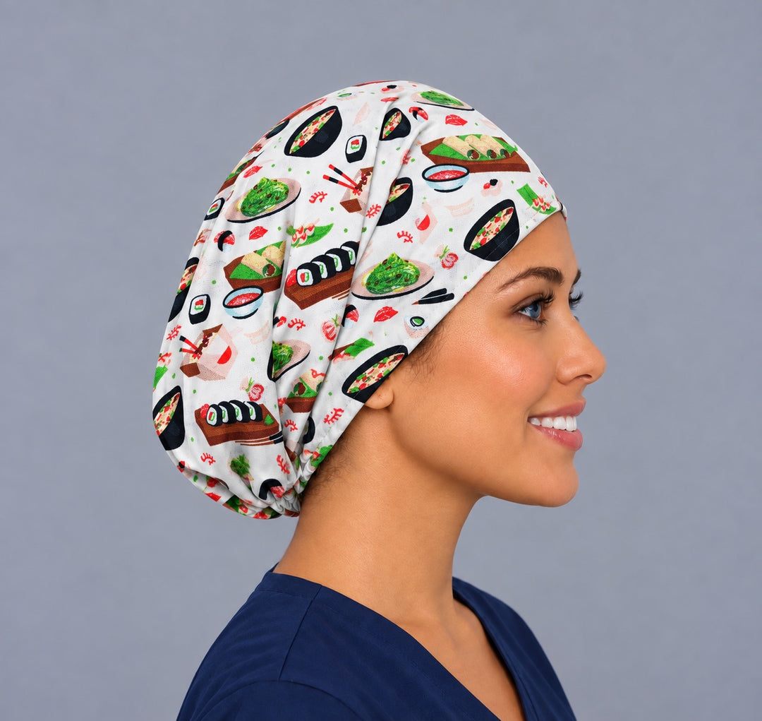 Right side profile of the sushi roll and edamame Euro surgical hat — Japanese cuisine print, breathable cotton cap
