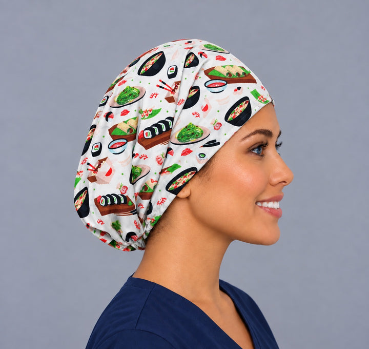 Right side profile of the sushi roll and edamame Euro surgical hat — Japanese cuisine print, breathable cotton cap