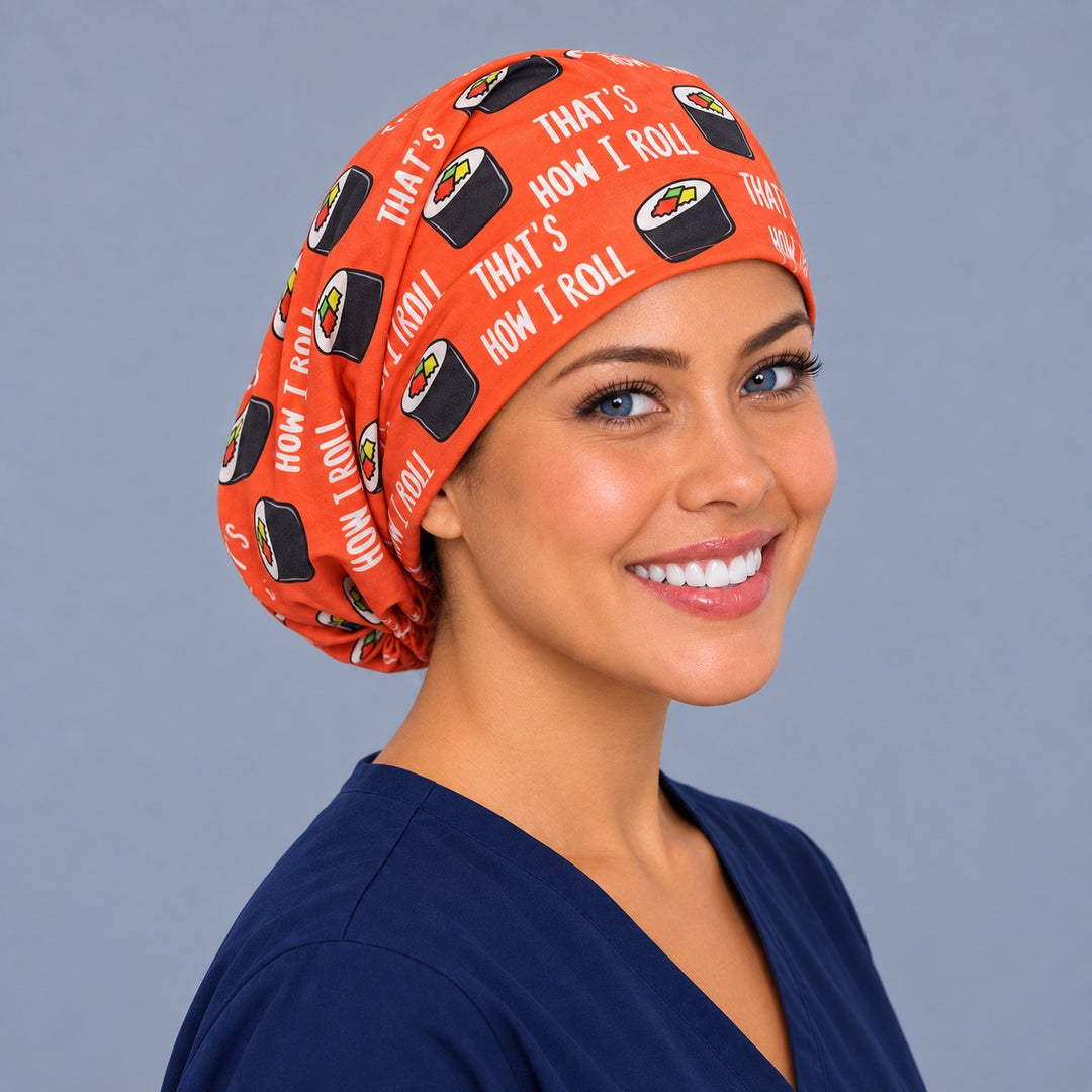 Sushi roll Euro scrub cap, left angled smiling view — funny foodie print for surgical techs and OR teams