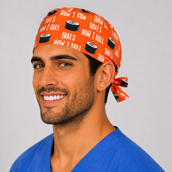 Sushi roll scrub cap side view — orange funny tie-back surgical cap, handmade in the USA, gift for sushi-loving nurses