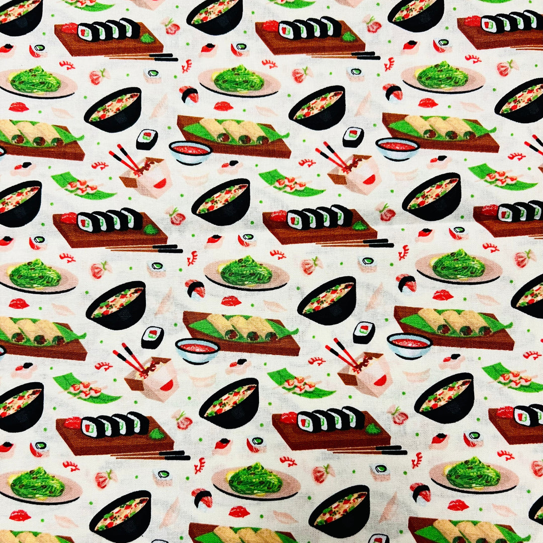 Close-up of sushi food print fabric with sushi rolls, edamame, ramen &amp; chopsticks — handmade-in-USA OR World scrub cap.