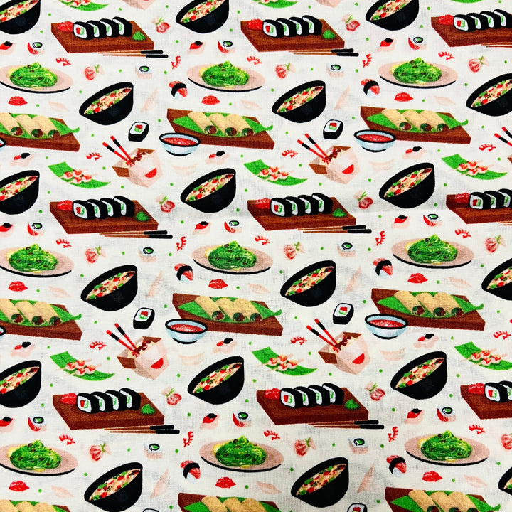 Close-up of sushi food print fabric with sushi rolls, edamame, ramen &amp; chopsticks — handmade-in-USA OR World scrub cap.