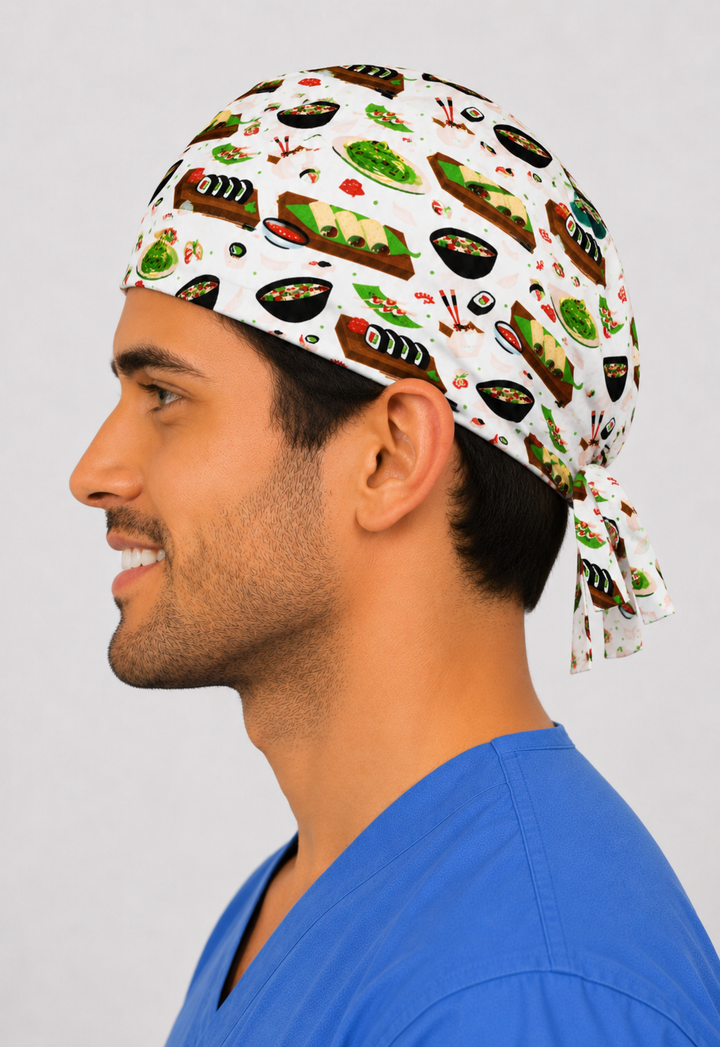 Sushi scrub cap for men front view — male model in white Japanese food-print tie-back surgical hat with sushi rolls, edamame &amp; ramen, adjustable OR cap, handmade USA OR World.