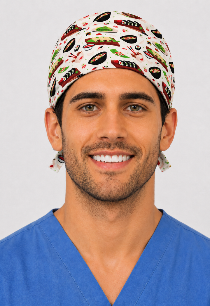 Side view of sushi tie-back scrub cap — handmade USA Japanese food-print surgical hat for OR nurses, surgeons &amp; techs.