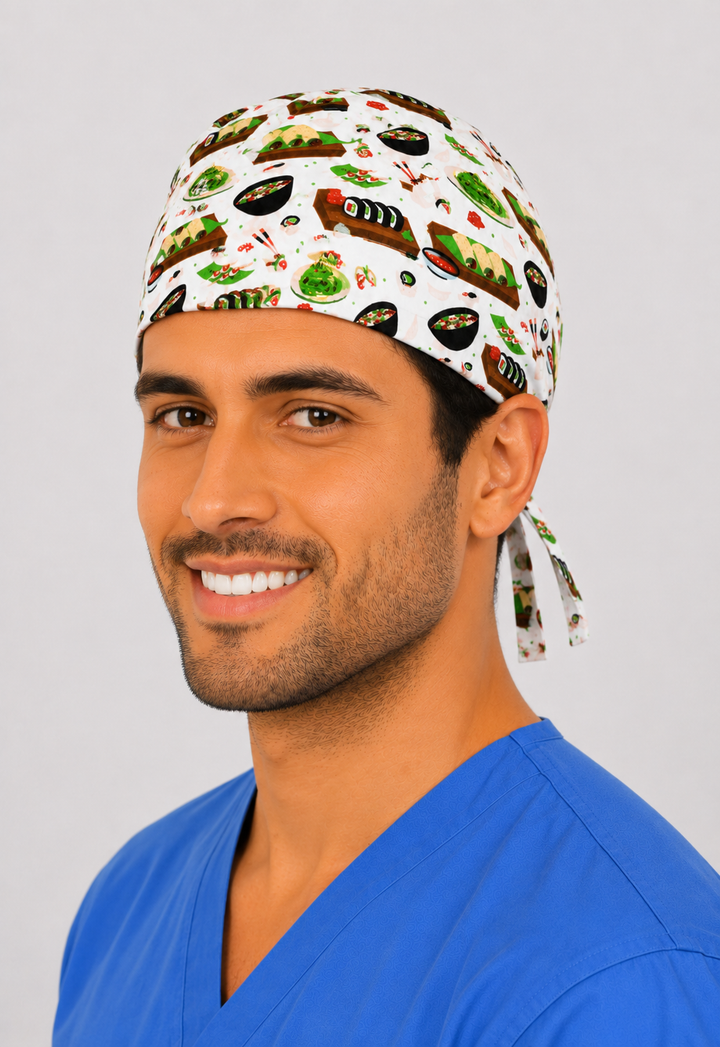 Sushi scrub cap for men side view — male model in white tie-back surgical hat with Japanese sushi &amp; food print, adjustable OR cap for nurses, surgeons &amp; techs, handmade USA OR World.