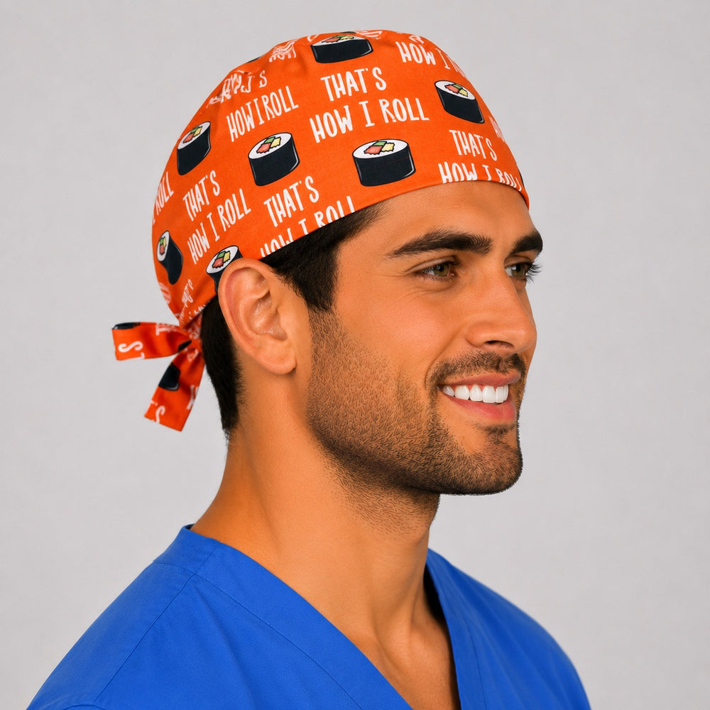 Back view of the funny sushi tie-back scrub cap — That's How I Roll orange sushi print, OR nurse gift, adjustable fit