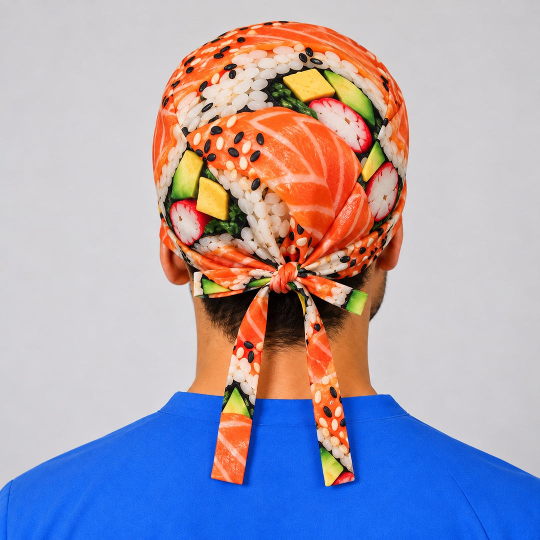 Back of a sushi tie-back scrub cap showing long adjustable matching ties