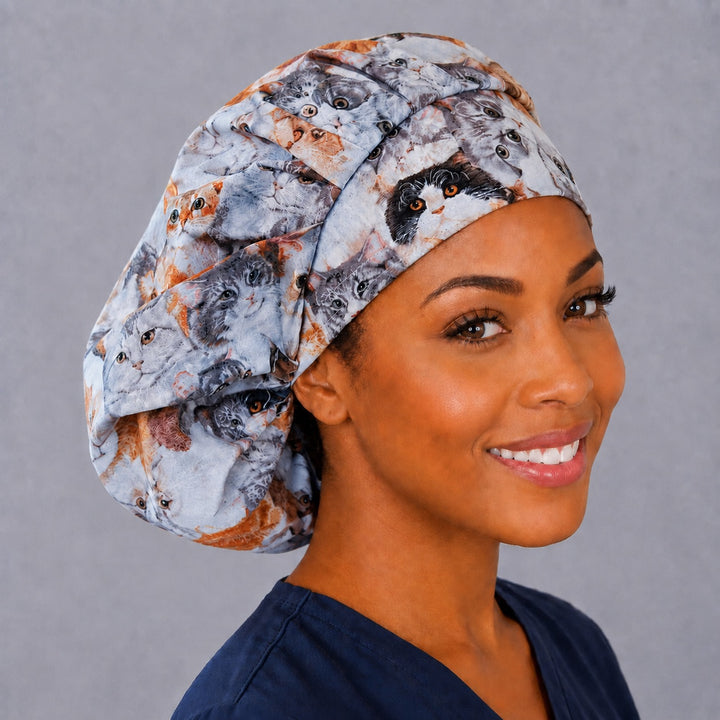 Tabby cat bouffant scrub cap, right angled smiling view — orange and grey cat collage print for OR nurses