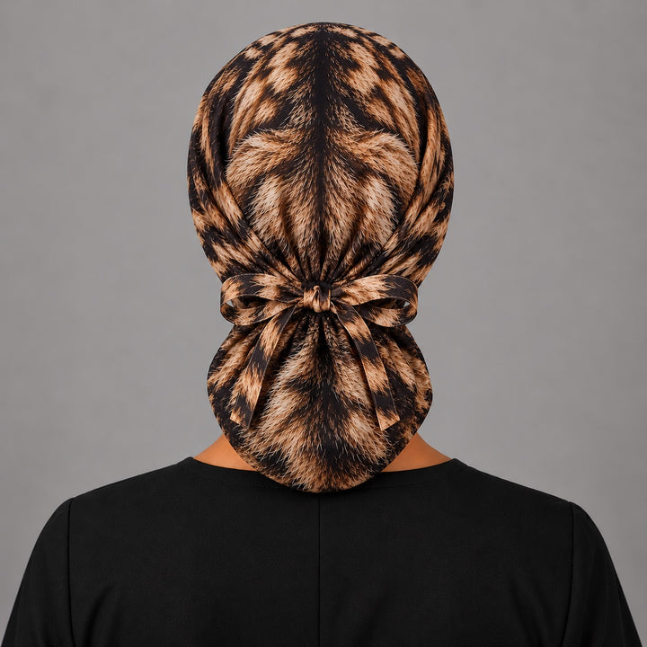 Back view of a tabby fur print ponytail scrub cap showing the ponytail pouch and adjustable bow tie for long hair, 100% premium Kona cotton with satin lining option