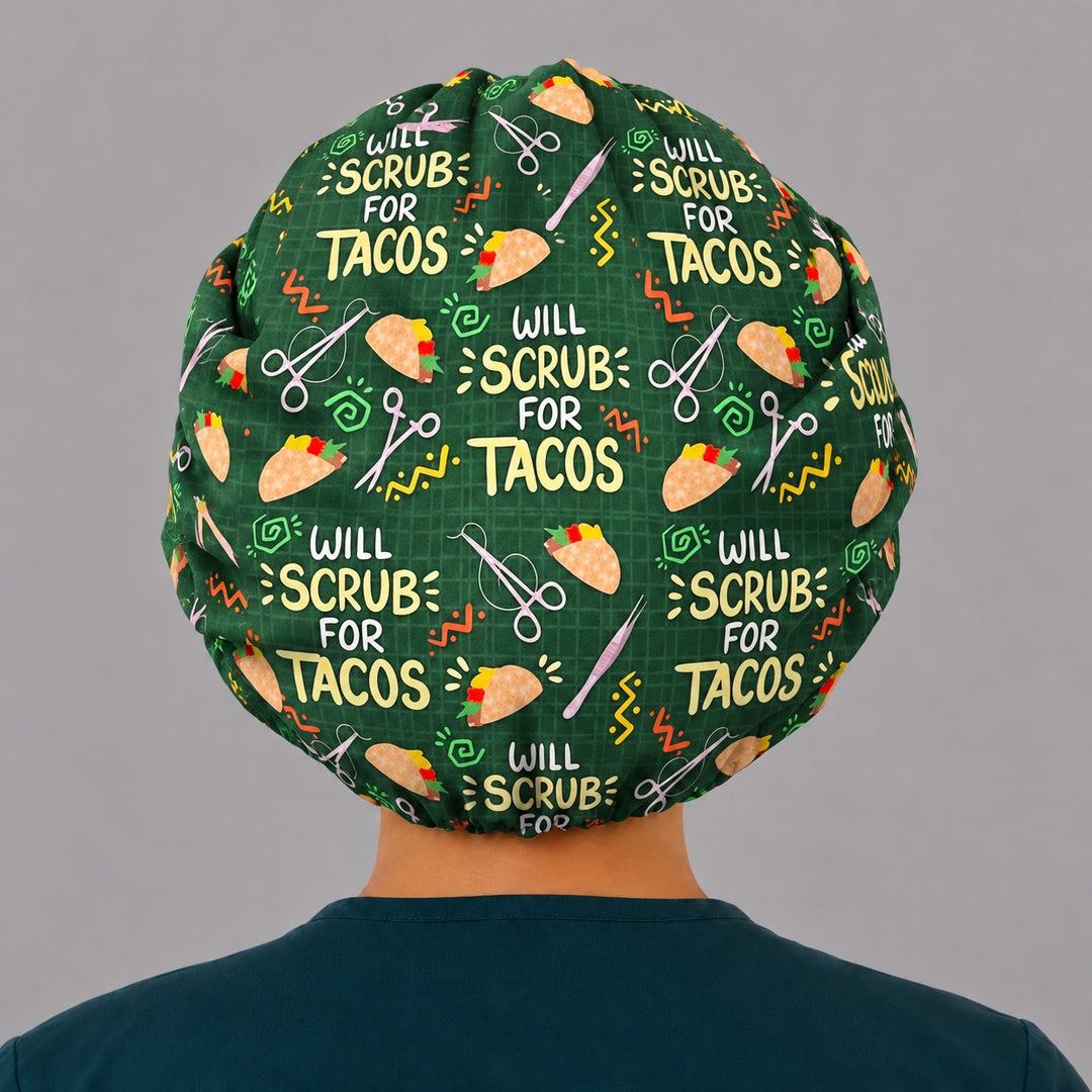Back view of the taco bouffant scrub cap, showing the full round crown and elastic gathered edge at the nape with repeating slogan print