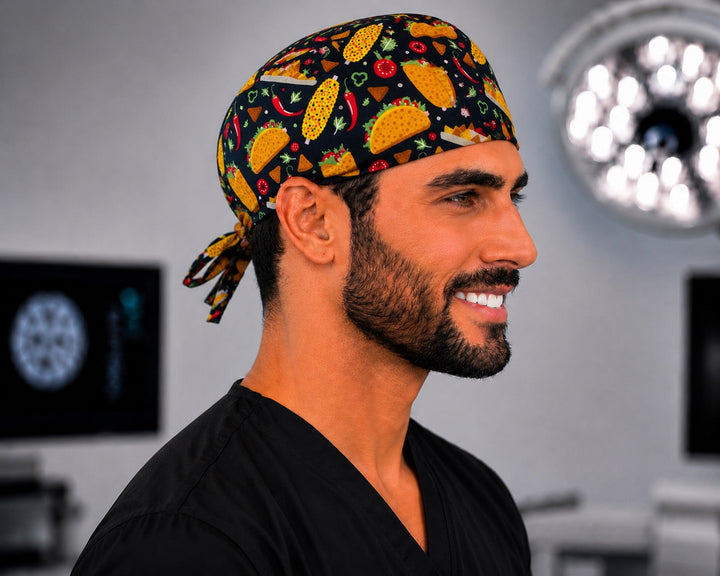 Side profile of taco Mexico scrub cap for men, Cinco de Mayo Mexican food adjustable tie-back surgical hat for surgeons and techs