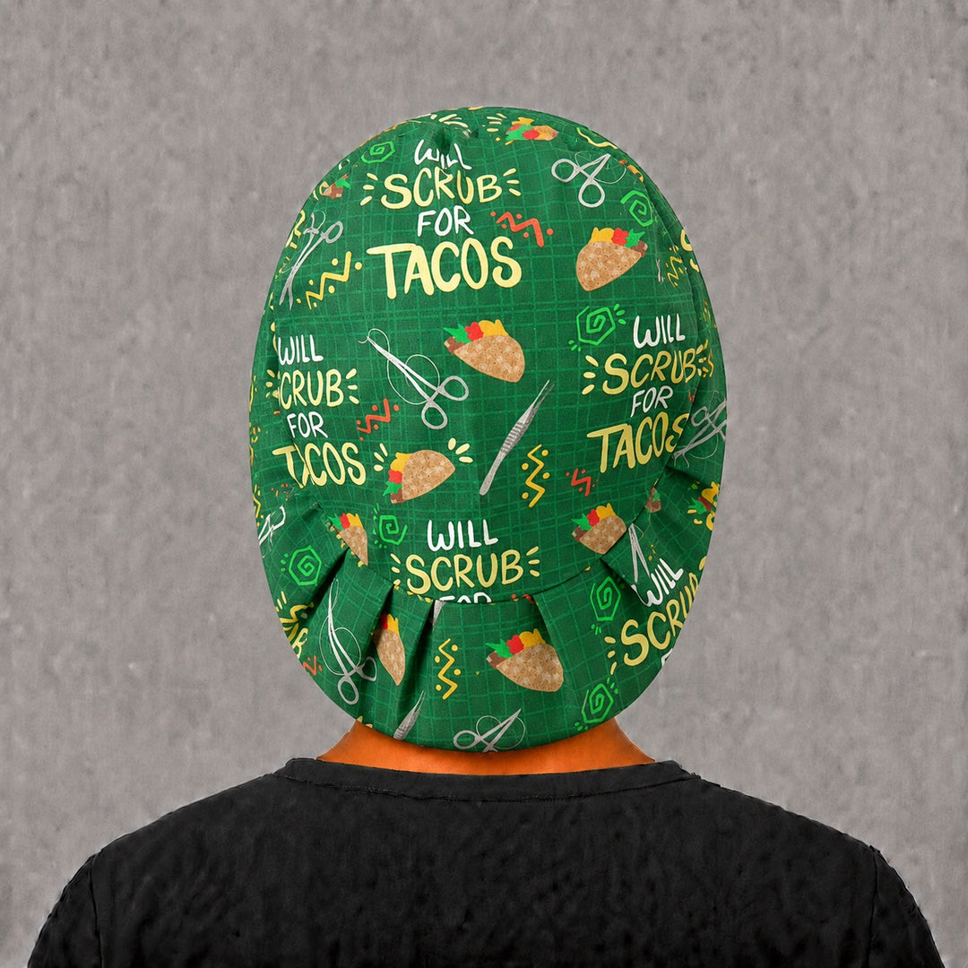 Back view of the taco Euro scrub cap — full coverage showing Will Scrub For Tacos lettering across the green crown
