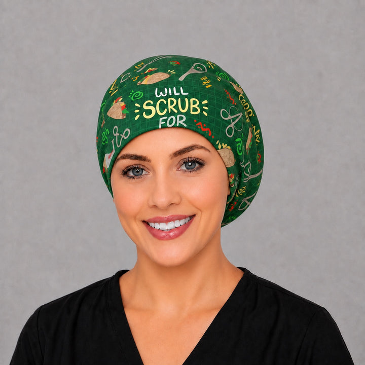 Woman wearing a Will Scrub For Tacos Euro scrub cap, front view — tacos and surgical tools on green plaid, adjustable funny surgical hat