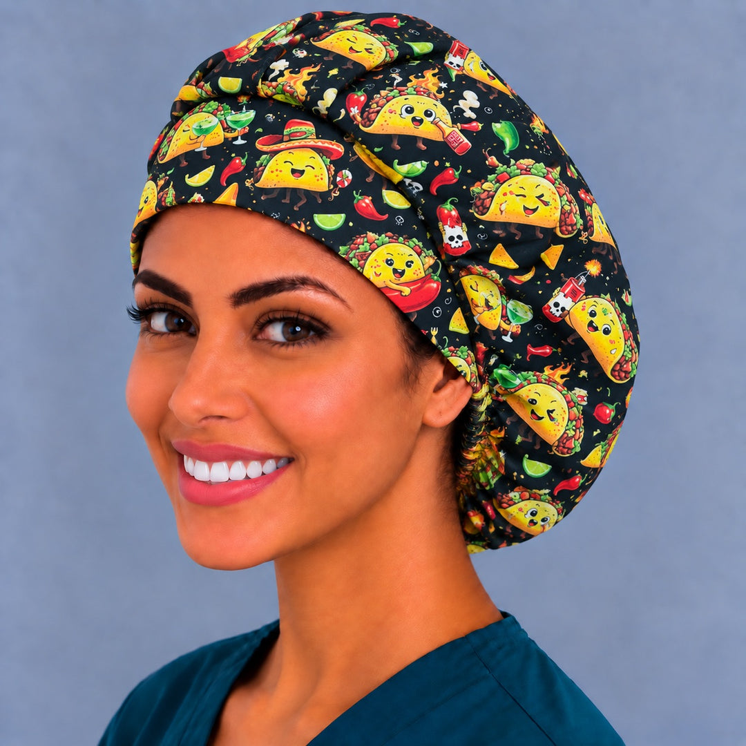 Taco fiesta bouffant cap, left angled smiling view — roomy gathered crown in black Mexican food print for OR nurses