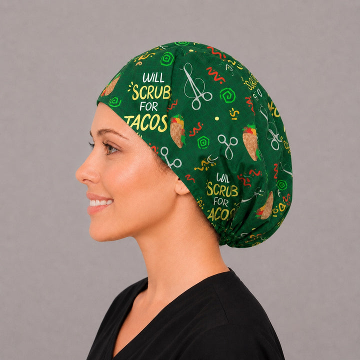 Taco lover Euro scrub cap, left side profile — forceps and scissors print for OR nurses and surgical techs