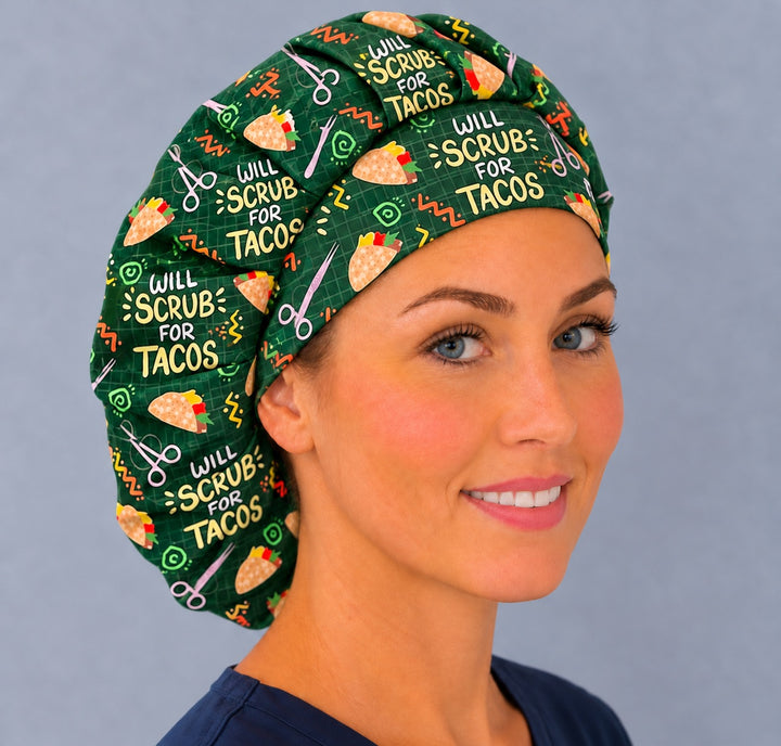 Three-quarter angle of a taco nurse bouffant cap, with the pleated crown folds stacked above the smooth slogan front band