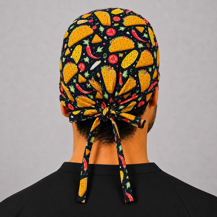 Back view of tie-back knot on taco Mexico scrub cap, men&
