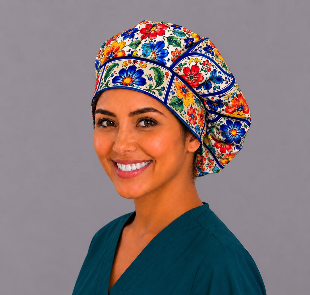 Right side of a Talavera floral bouffant nurse cap with room for long hair, a colorful gift for Latina nurses