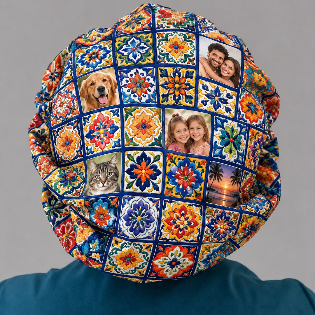 Back of a Talavera mosaic memory scrub cap with roomy bouffant fit for long hair and elastic adjustable back