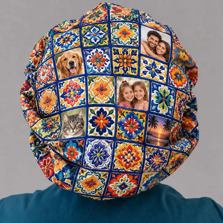 Back of a Talavera mosaic memory scrub cap with roomy bouffant fit for long hair and elastic adjustable back