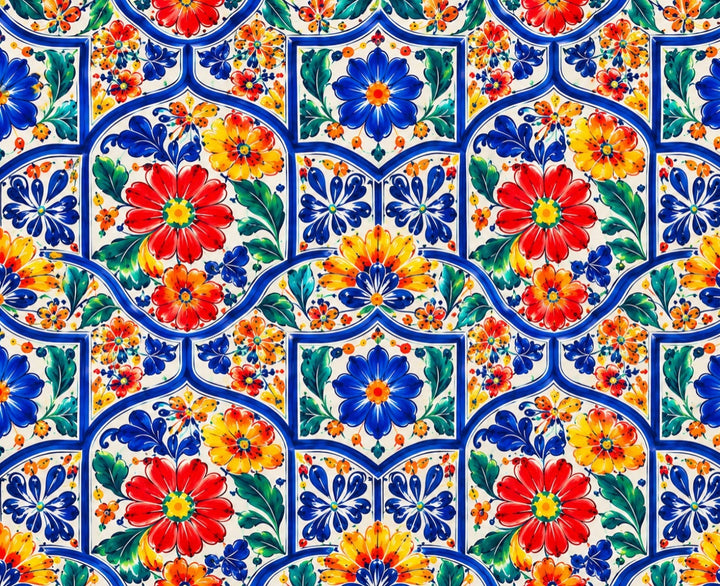 Close-up of the Talavera tile fabric, with cobalt blue arches framing red, yellow and orange flowers and green leaves on a cream background