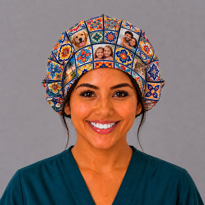 Front view of a personalized Talavera tile photo collage surgical hat, a handmade Mexican bouffant scrub cap for women