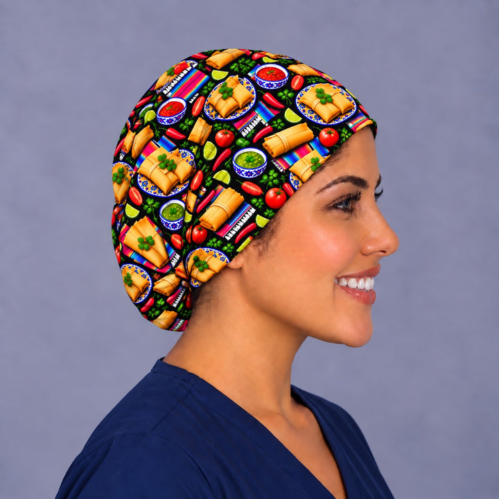 Side profile of a tamalada euro surgical hat, showing the adjustable elastic back gathered low at the nape for full coverage