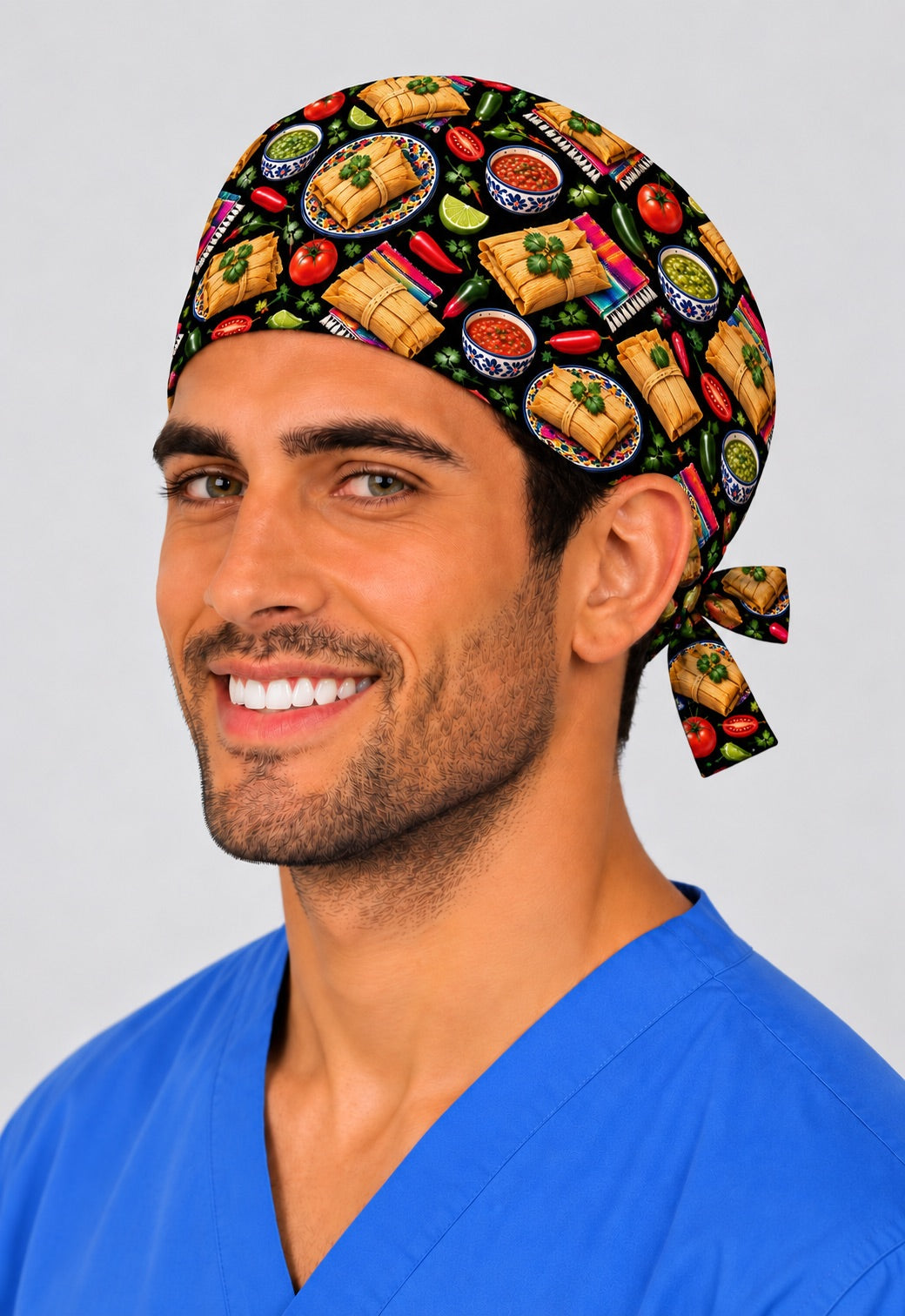 Side view of a tamalada gorro quirúrgico mexicano with salsa verde in Talavera bowls and jalapeños