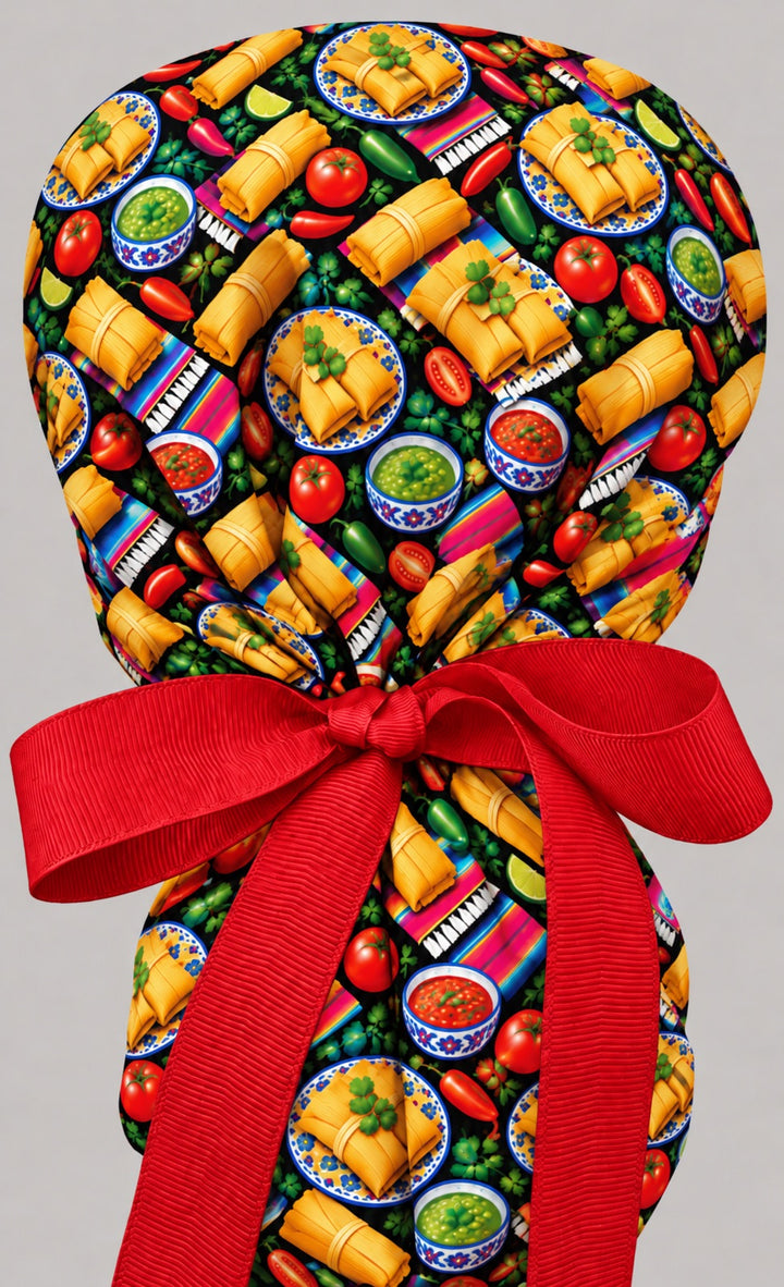 Back view of the tamale ponytail cap, showing the gathered crown and long red grosgrain ribbon tails tied in a wide bow