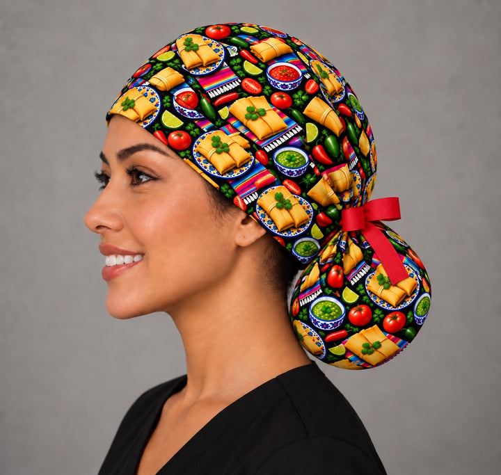 Opposite side profile of a tamale print ponytail OR cap in 100% cotton, with pink and turquoise serape stripes along the smooth forehead band