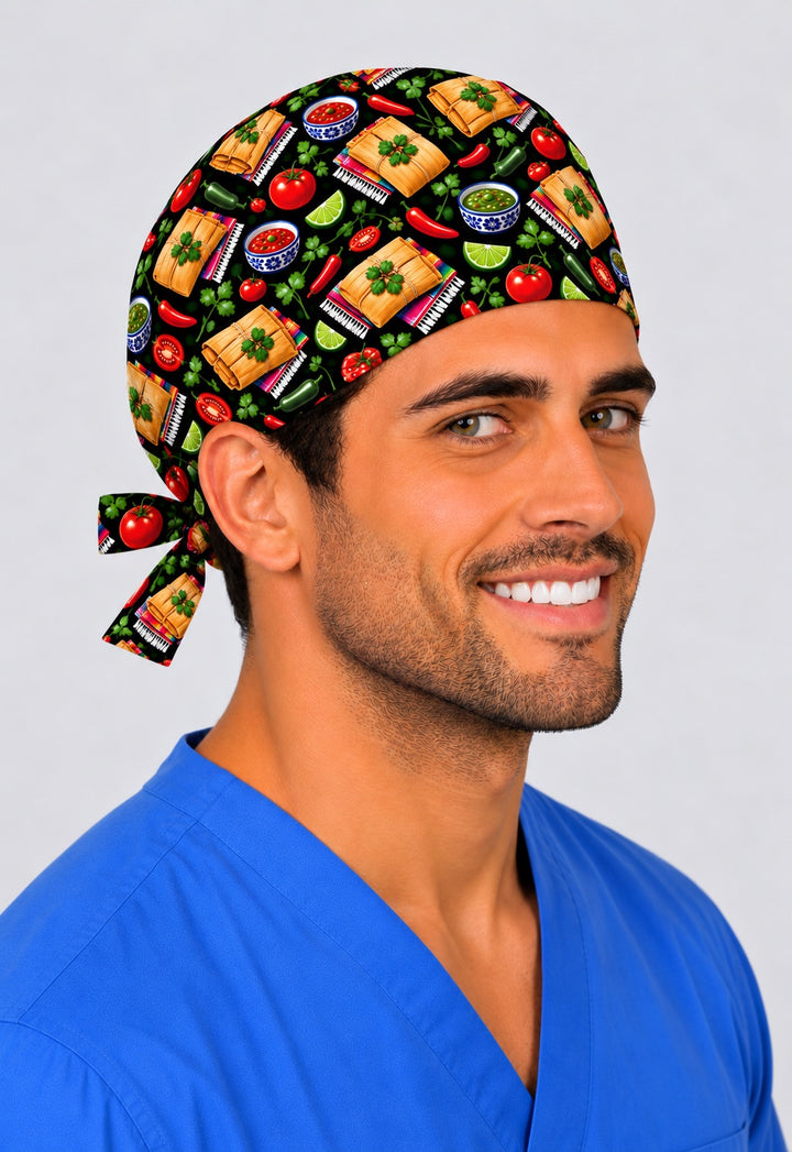 Smiling Latino surgeon in a Mexican tamale tie-back scrub cap with salsa, chiles and serape print