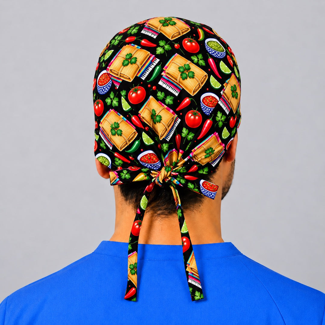 Back of a tamale tie-back scrub cap showing long adjustable ties, handmade in the USA by OR World