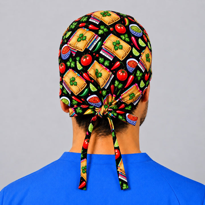 Back of a tamale tie-back scrub cap showing long adjustable ties, handmade in the USA by OR World